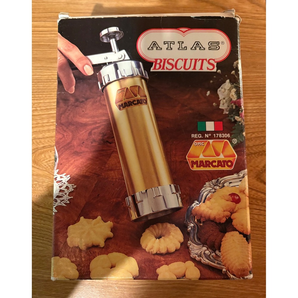 Original Marcato Atlas Biscuits Cookie Press In Box 20 Discs & 4 Tips